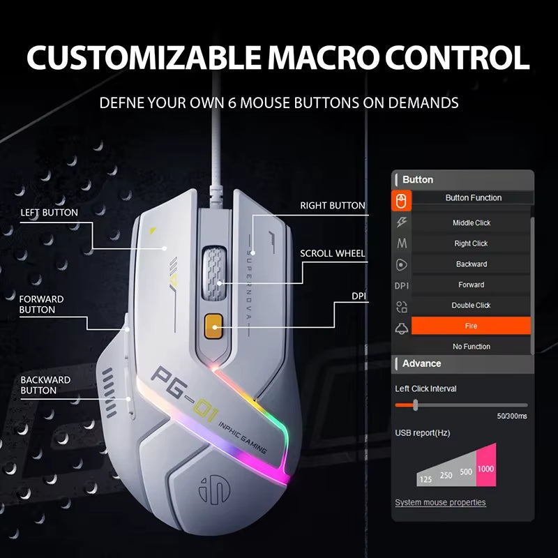 PG1 Wired Gaming Mouse RGB Lighting Effect Ergonomic Mouse